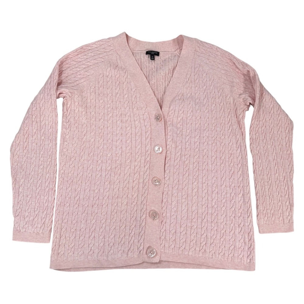 Talbots Woman 1X Pink Cable Knit Cardigan Sweater 100% Cotton V-Neck Preppy